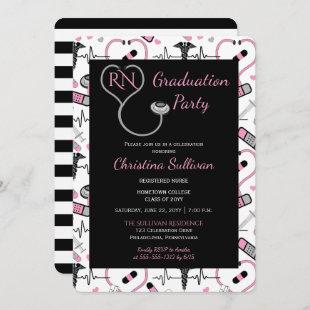 Pink | Black Medical Nurse Graduation Party Invitation