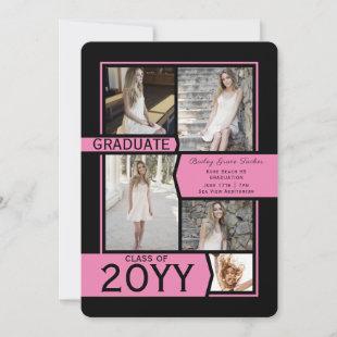 Pink Black Photo Collage Class of Graduation Announcement