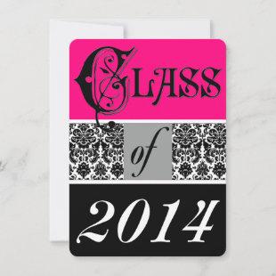 Pink, Black, White Damask Graduation Invite