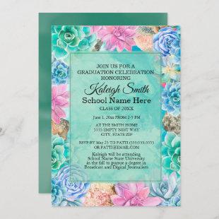 Pink Blue Green Floral Succulents Graduation Party Invitation