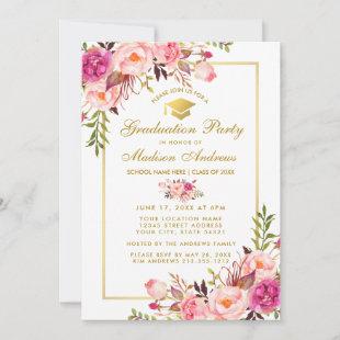 Pink Blush Gold Floral Graduation Party Invitation
