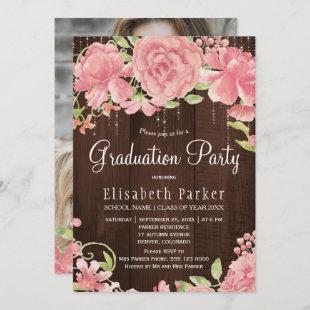 Pink blush peonies rustic PHOTO graduation party Invitation