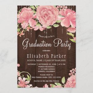 Pink blush rose peonies rustic graduation party invitation