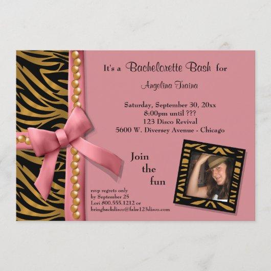 Pink Bow With Gold Pearls And Zebra Stripes Invitation