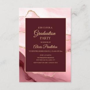 Pink Burgundy Gold Marble Agate Graduation Invitation