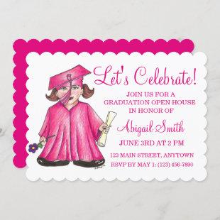 Pink Cap Gown School Graduation Party Open House Invitation