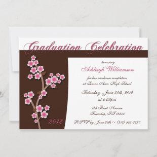 Pink Cherry Blossom Brown Graduation Invitations