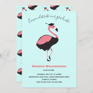Pink Flamingo Blue Animal Graduation Invitation