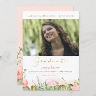 Pink Floral Add Your Photo Graduation Announcement