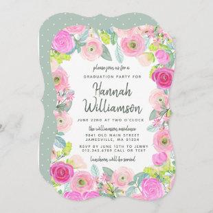 Pink Floral and Dots Graduation Party Invitation