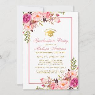 Pink Floral and Gold Graduation Party Invitation P