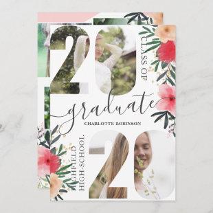 Pink floral glitter script 5 photo 2020 graduation invitation