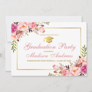 Pink Floral Gold Frame Graduation Party Invitation