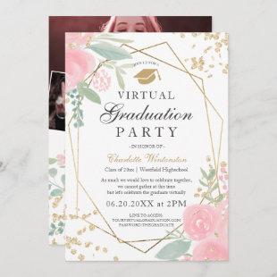 Pink floral gold frame photos virtual Graduation Invitation