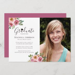 Pink Floral Gold Glitter Graduation Party Invitation
