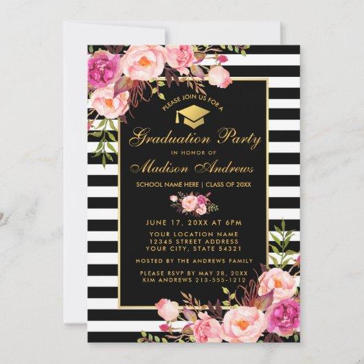 Pink Floral Gold Striped Graduation Party Invite