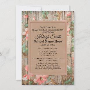 Pink Floral Green Leaves and Wood Graduation Invitation