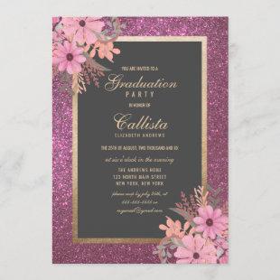 Pink Floral Leaves Watercolor Glitter Graduation Invitation