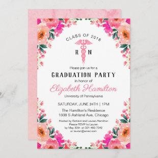 Pink Floral Medical Nursing School Graduation Invitation