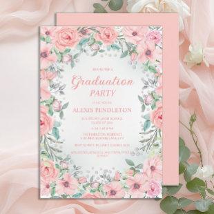 Pink Floral Roses High School Graduation Invitation