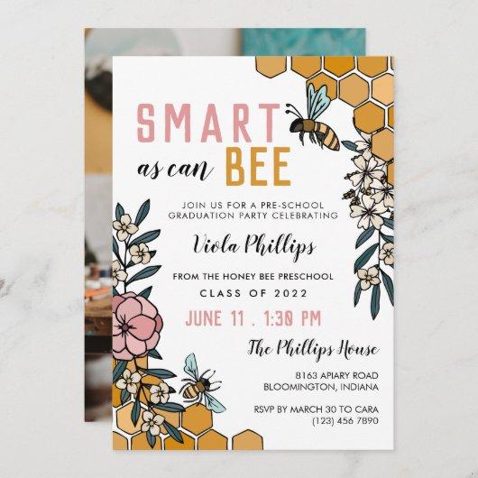 Pink Floral Smart As Can Bee Preschool Graduation Invitation