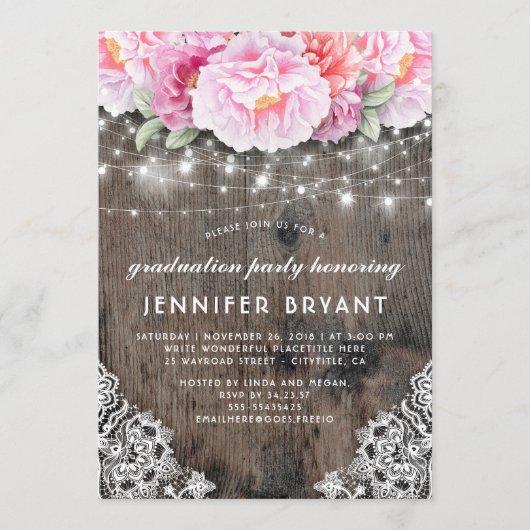 Pink Floral String Lights Rustic Graduation Party Invitation