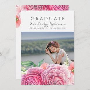 Pink Floral Watercolor Elegant Photo Graduation Invitation