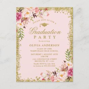 Pink Floral Watercolor Graduation Party Invitation Postcard