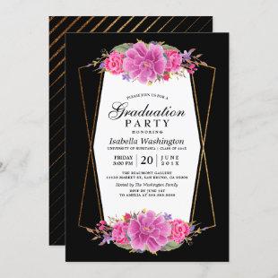 Pink Flowers & Gold Geometric Graduation Party Invitation