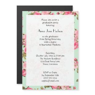 Pink Flowers, Pink Roses, Floral Graduation Magnetic Invitation
