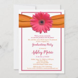 Pink Gerbera Orange Ribbon Graduation Invitation
