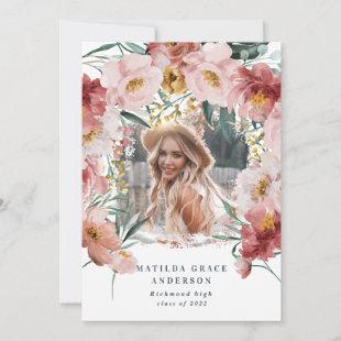 Pink girly floral photo graduation announcement