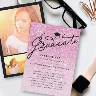 Pink Glitter Graduate Stylish Graduation Cap Party Invitation