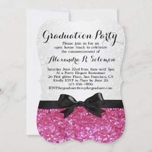 Pink Glitter-look Bow Graduation Party Invitation