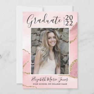 Pink Gold Agate Glitter Graduate Photo Graduation Announcement