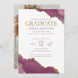 Pink Gold Agate Photo Graduation Party Invitation
