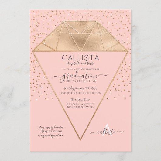 Pink Gold Diamond Confetti Glitter Graduation Invitation