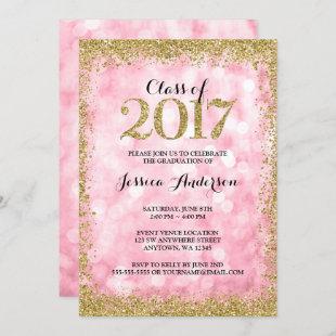 Pink Gold Faux Glitter Lights 2017 Graduation Invitation