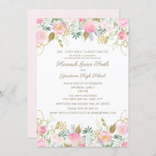 Pink Gold Floral Girls Graduation Party Invitation