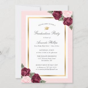 Pink Gold Floral Photo Graduation Party Invitation