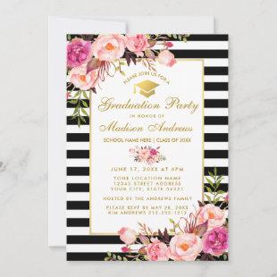 Pink Gold Floral Striped Graduation Party Invite