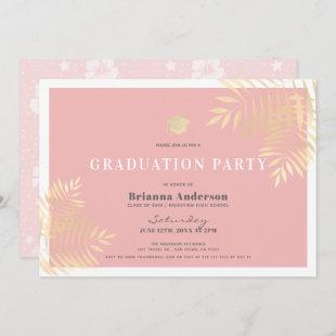 Pink Gold Palm Tree Tropical Graduation Party Invitation