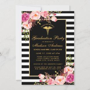 Pink Gold Striped Medical Grad Party Invitation