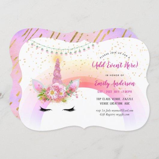 Pink Gold Unicorn Face Invitations ANY EVENT
