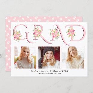 Pink GRAD typography pink roses photo graduation Announcement
