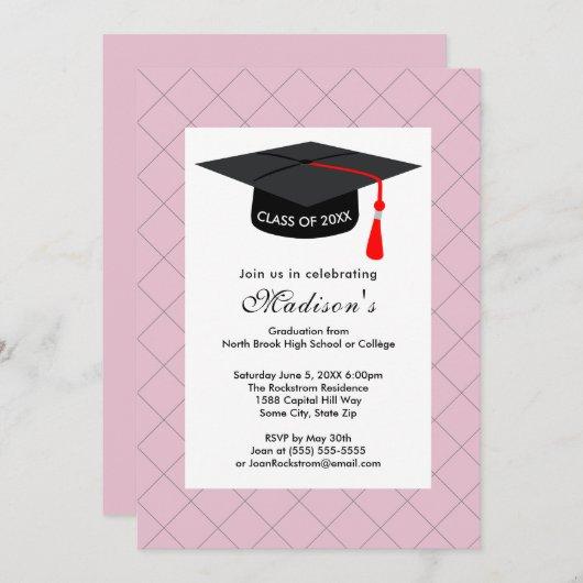 Pink Graduation Class of Black Grad Cap Invitation