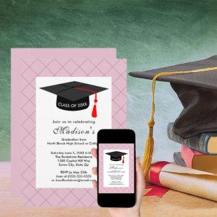 Pink Graduation Class of Black Grad Cap Invitation