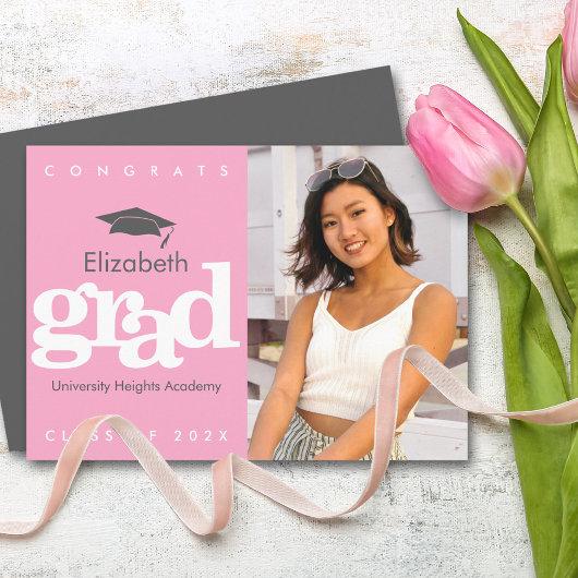 Pink graduation photo gray cap bold modern type  announcement