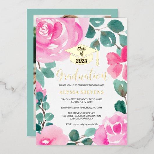 Pink green floral watercolor photo graduation foil invitation