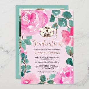 Pink green floral watercolor photo graduation foil invitation